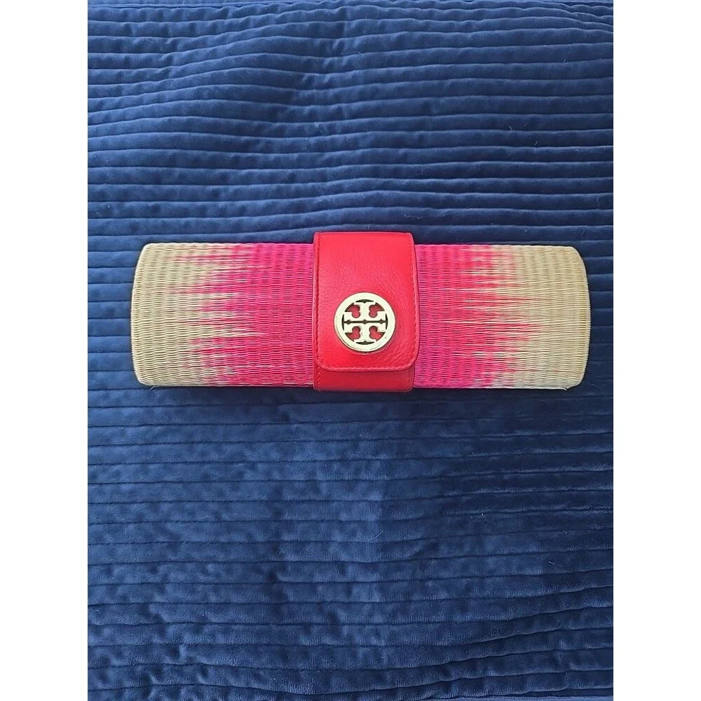 TORY BURCH Straw Clutch Tan/pink/red